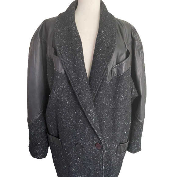 Vintage ADA Paris Coat Womens 13/14 Tweed Leather Trim Oversized Relaxed Button - Picture 1 of 11